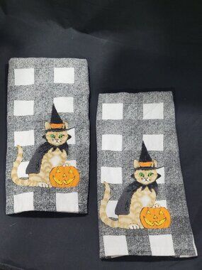 Set of 2 New Kitten Witch Halloween Fall Black & White kitchen towels NOVOGRATZ